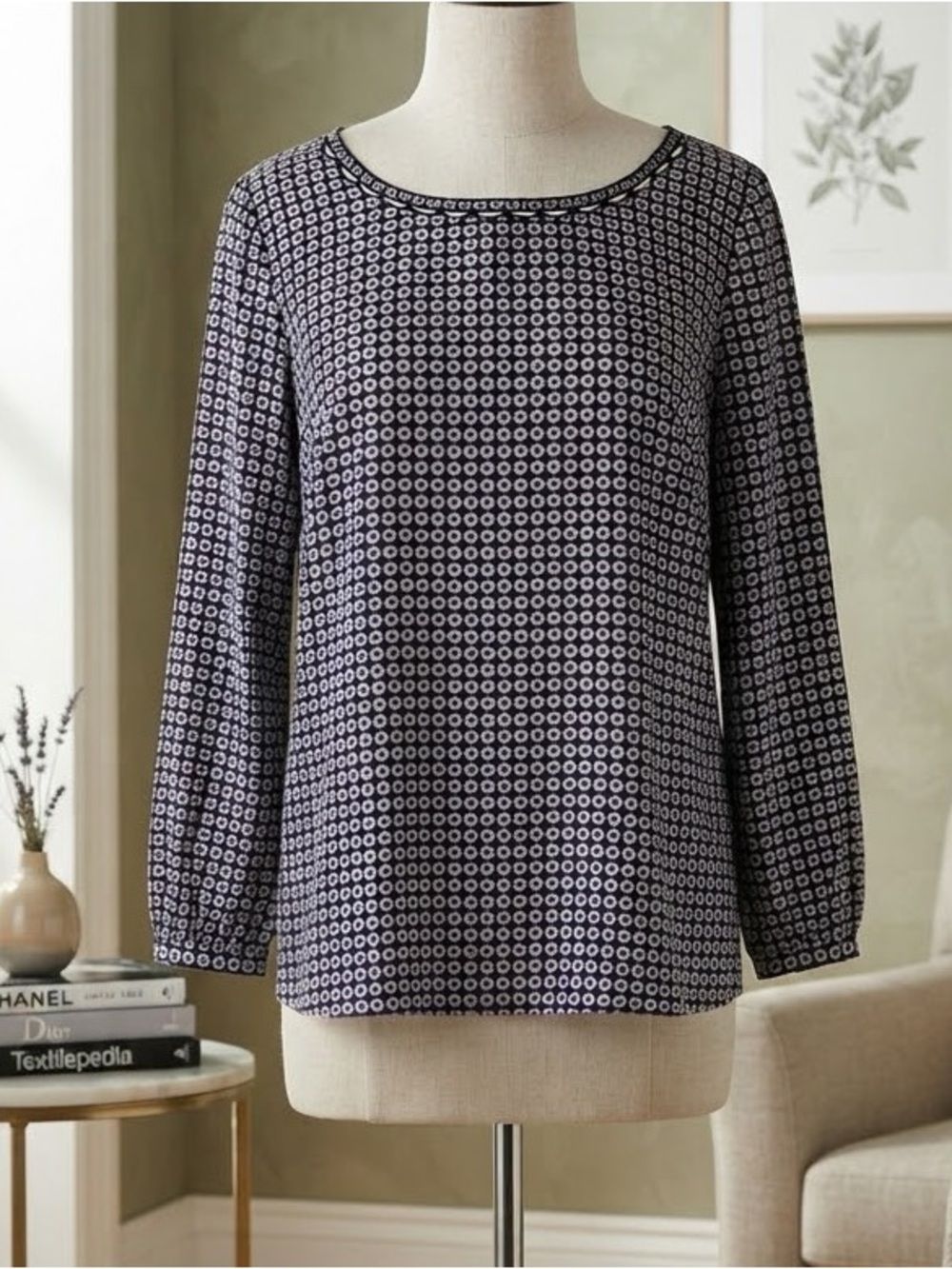 J. Crew Navy and White Geometric Long-Sleeve Top